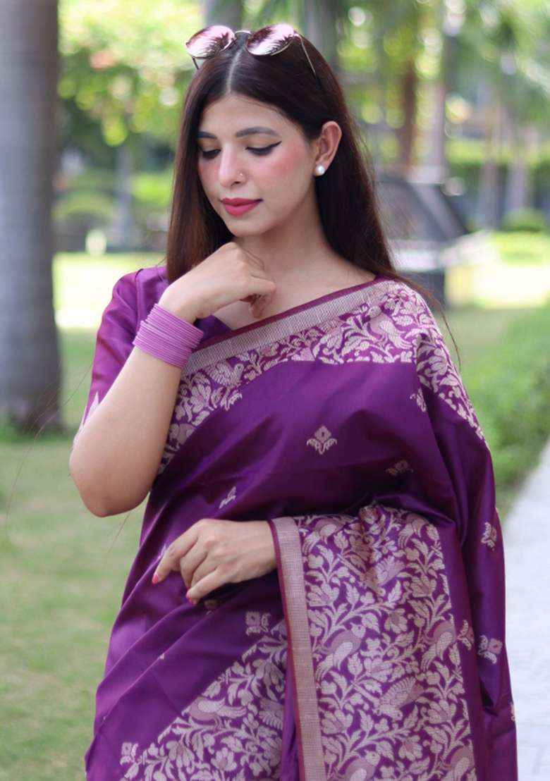 Purple Weaving Work Silk Saree Set - Indya