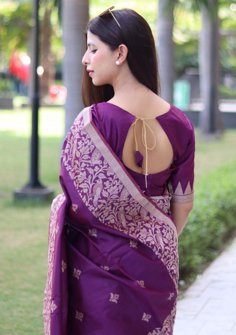 Purple Weaving Work Silk Saree Set - Indya