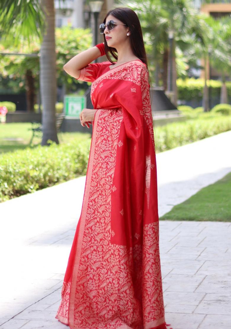 Red Weaving Work Silk Saree Set - Indya