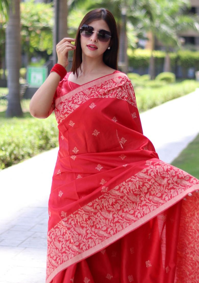Red Weaving Work Silk Saree Set - Indya