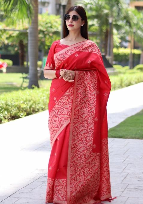 Red Weaving Work Silk Saree Set