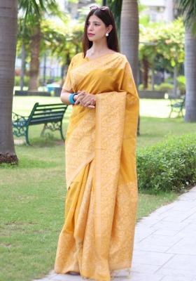 Yellow Weaving Work Silk Saree Set