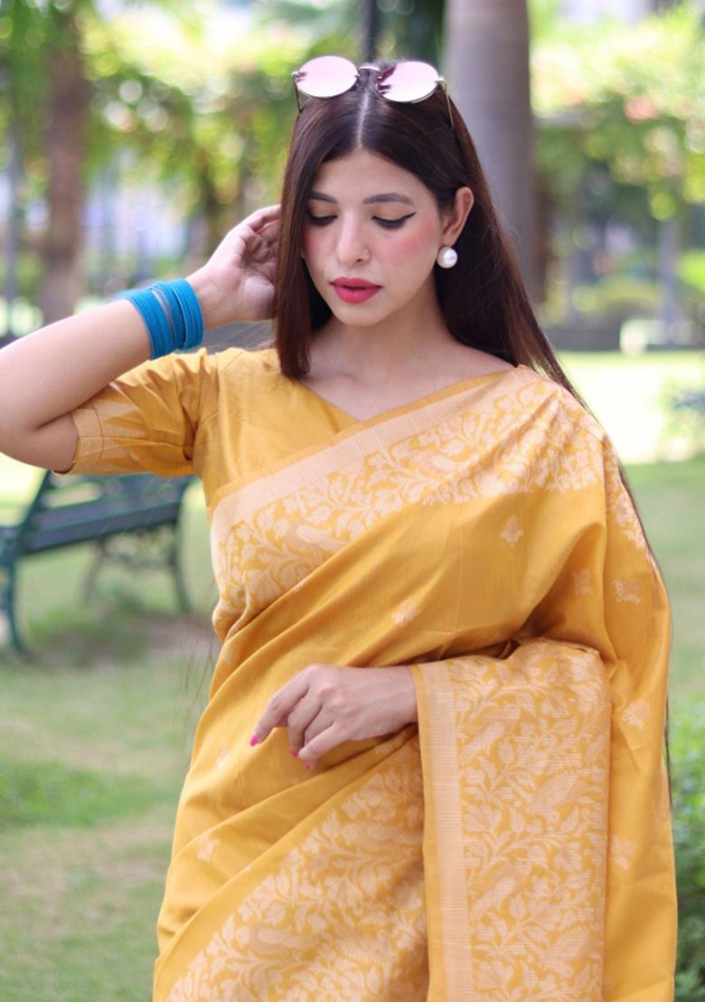 Yellow Weaving Work Silk Saree Set - Indya
