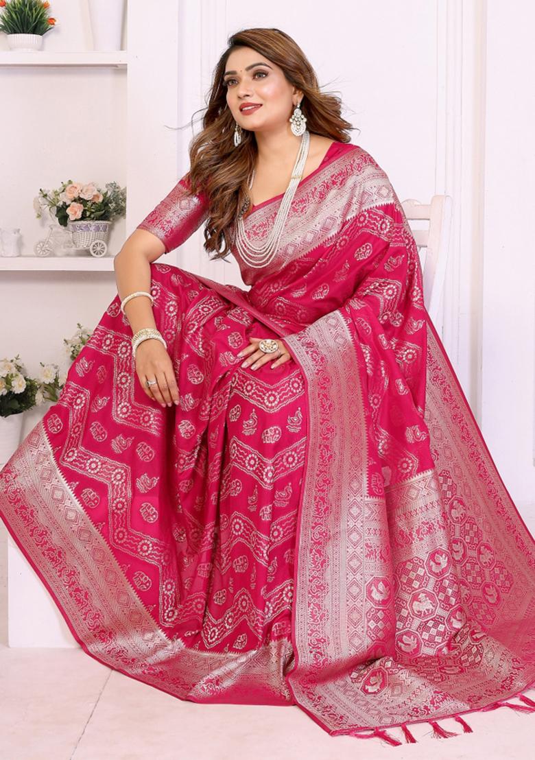 Pink Weaving Work Silk Saree - Indya