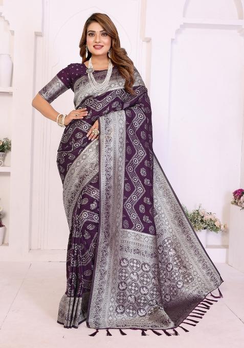 Wine Weaving Work Silk Saree