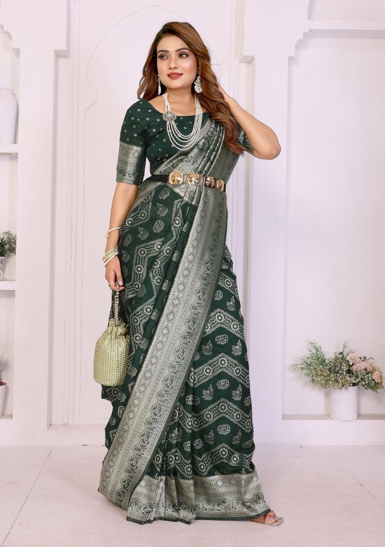 Green Weaving Work Silk Saree - Indya