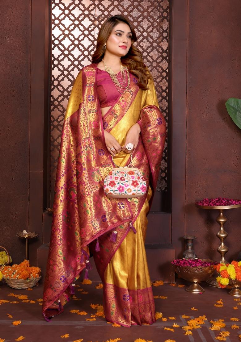 Red Woven Work Silk Saree - Indya