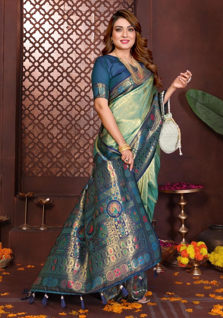 Rama And Green Woven Work Silk Saree - Indya