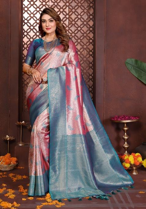 Pink And Blue Woven Work Silk Saree
