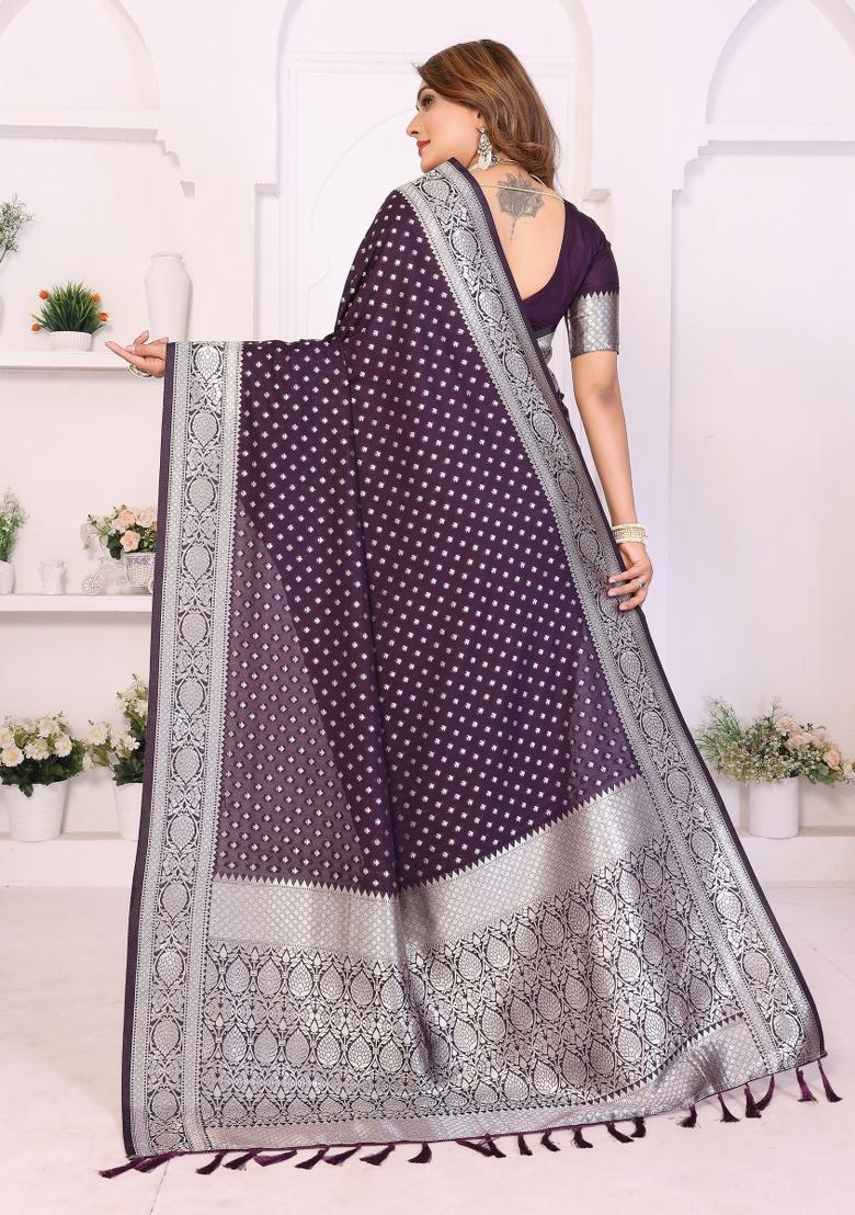 Wine Weaving Work Silk Saree - Indya