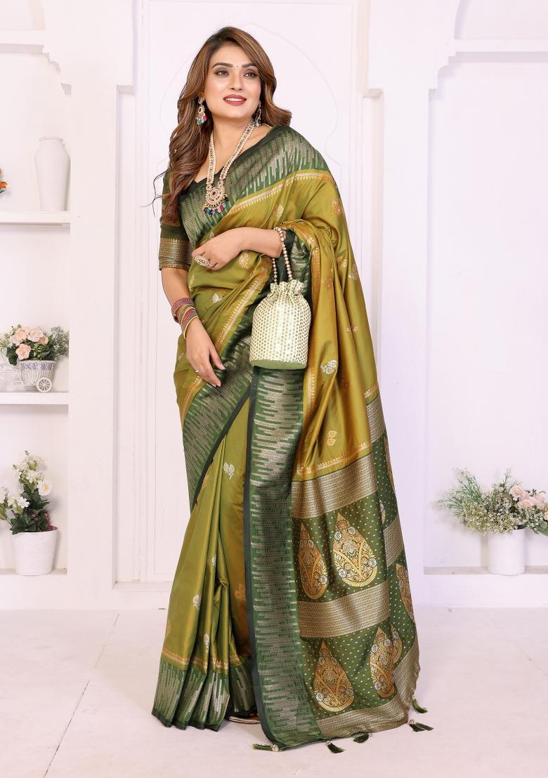 Mehendi Motif Silk Saree - Indya
