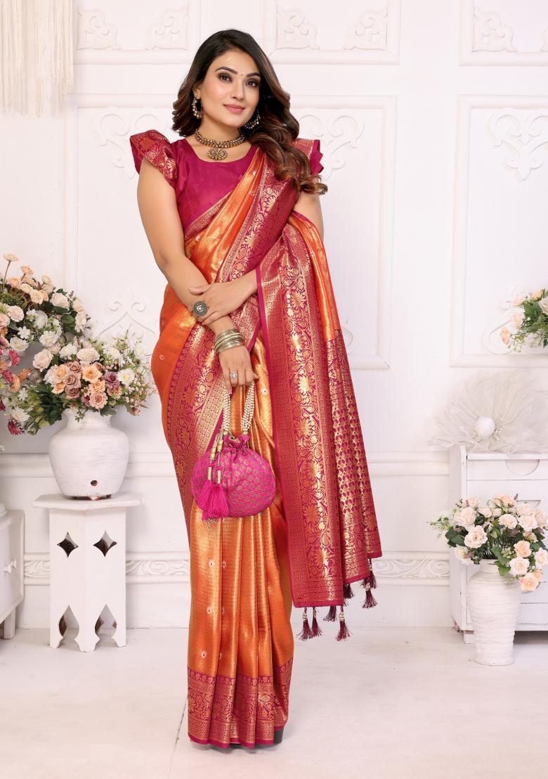 Orange Woven Work Silk Saree - Indya