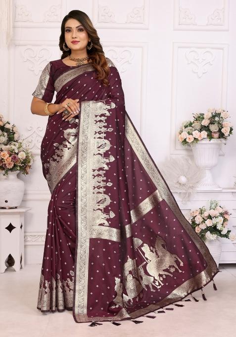 Wine Weaving Work Silk Saree