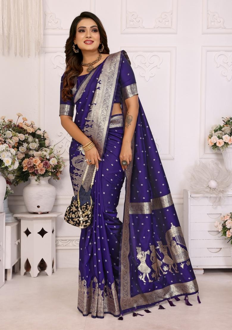 Blue Weaving Work Silk Saree - Indya