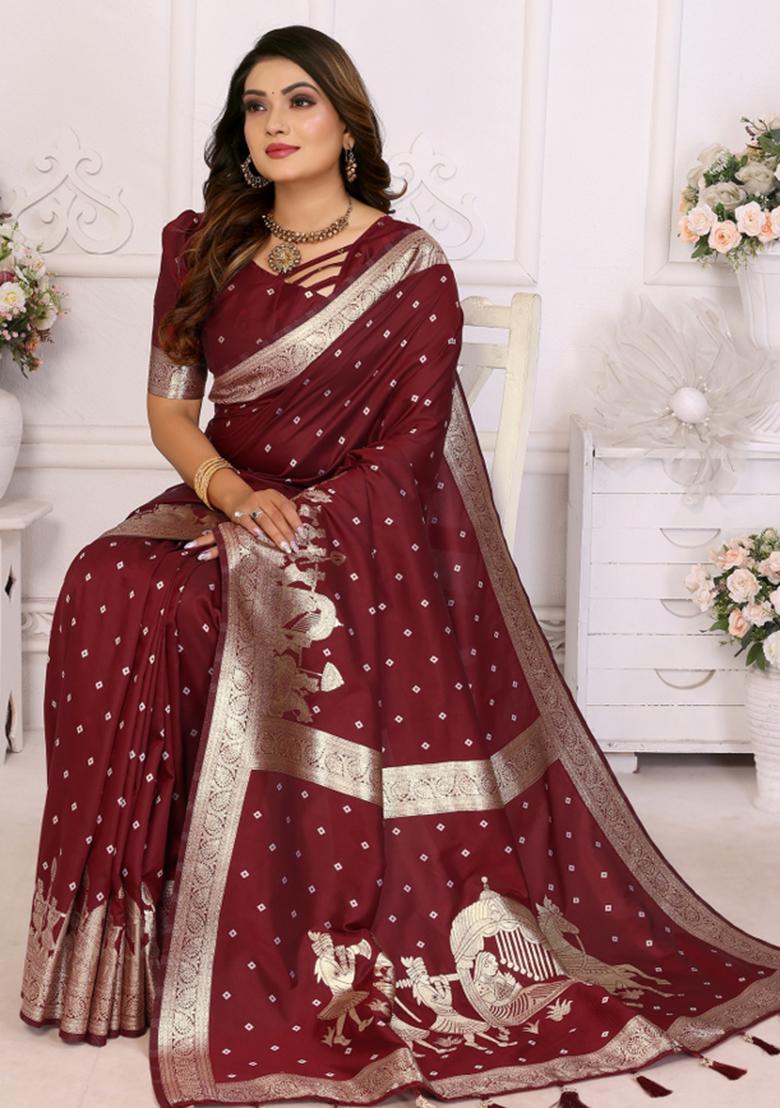Maroon Weaving Work Silk Saree - Indya