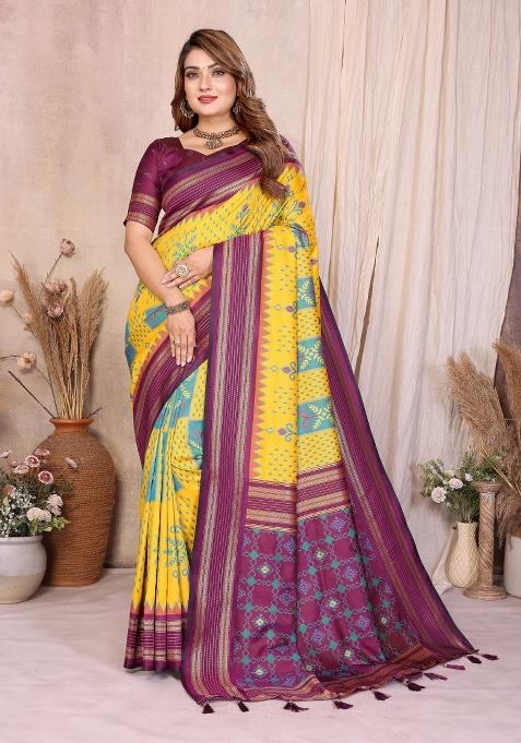 Wine Weaving Work Silk Saree