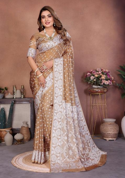 Brown Self Design Silk Saree