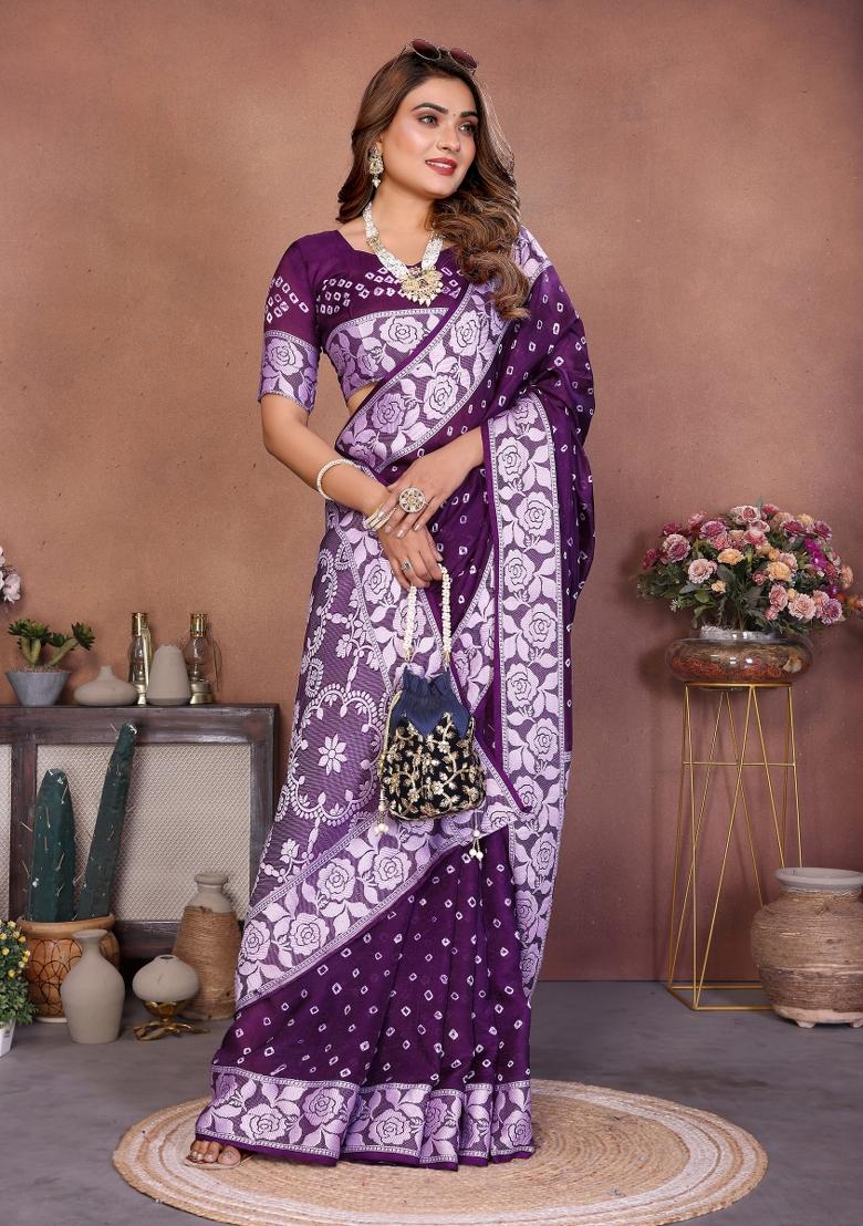 Purple Self Design Silk Saree - Indya