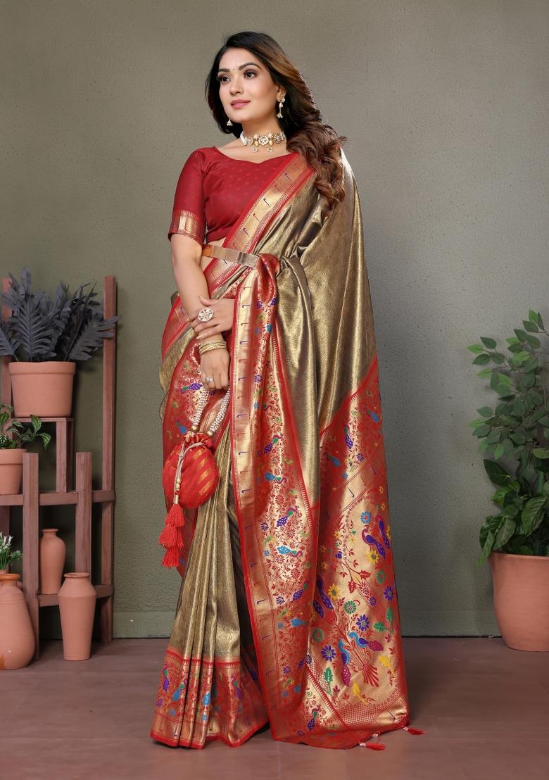 Chiku Woven Work Silk Saree - Indya
