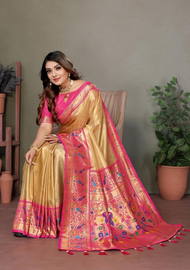 Pink Woven Work Silk Saree - Indya