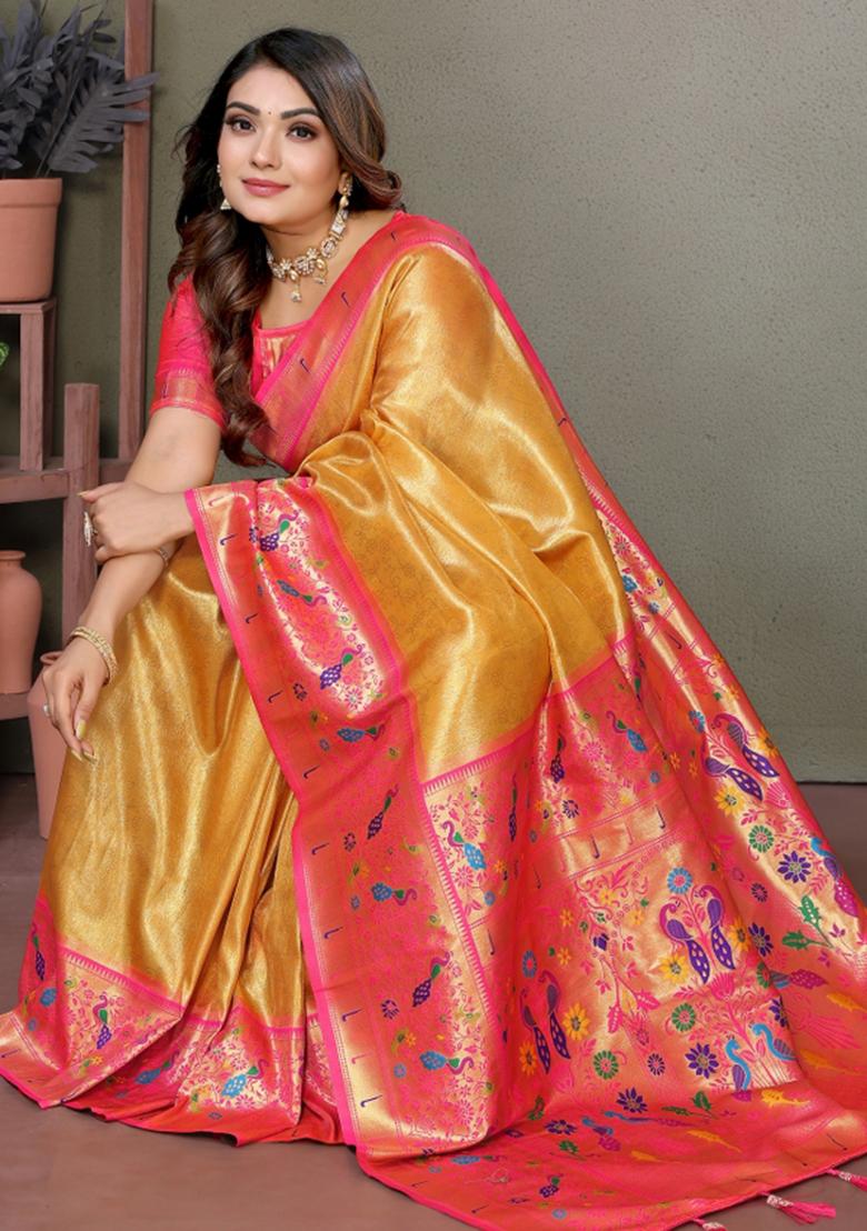 Yellow Woven Work Silk Saree - Indya