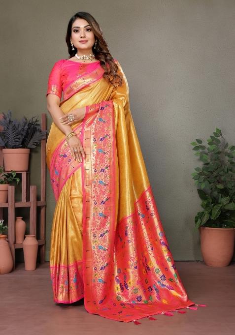 Yellow Woven Work Silk Saree
