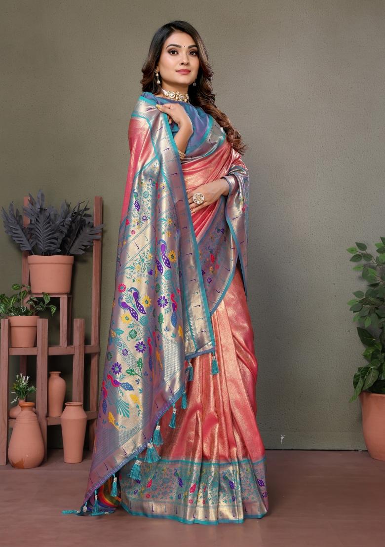 Blue Woven Work Silk Saree - Indya