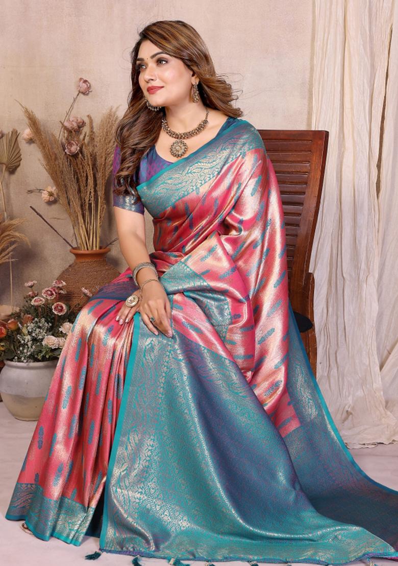 Pink Woven Work Silk Saree - Indya