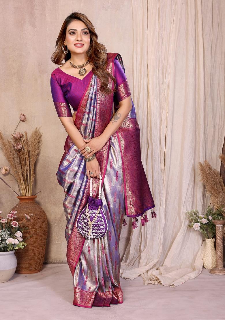 Magenta Woven Work Silk Saree - Indya
