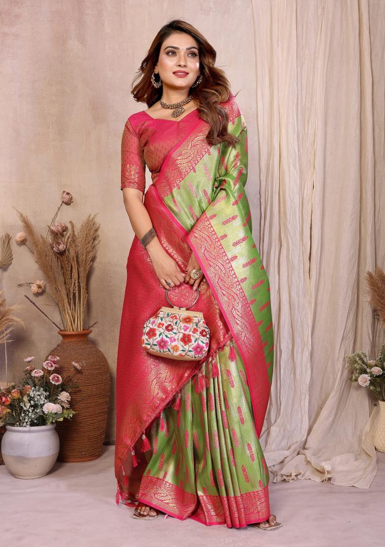Green Woven Work Silk Saree - Indya