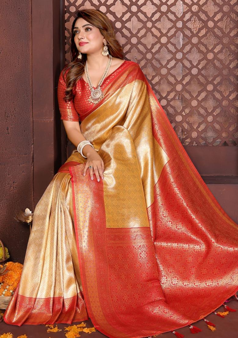 Red And Yellow Woven Work Silk Saree - Indya