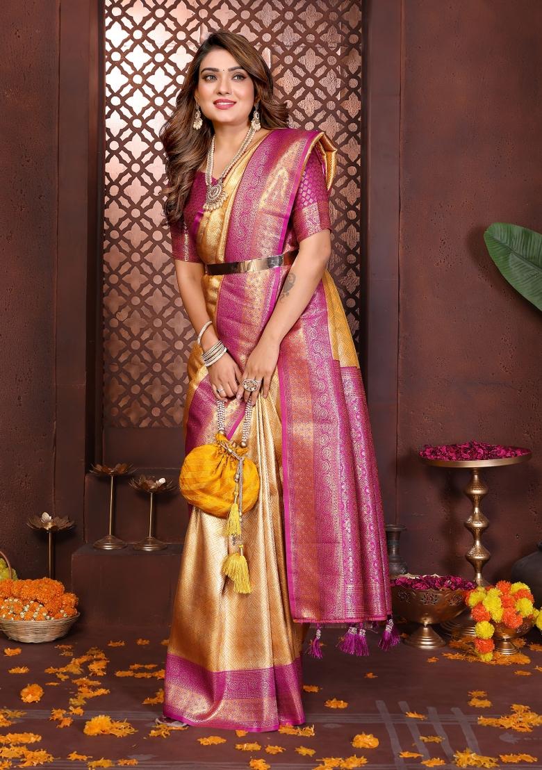 Purple And Yellow Woven Work Silk Saree - Indya