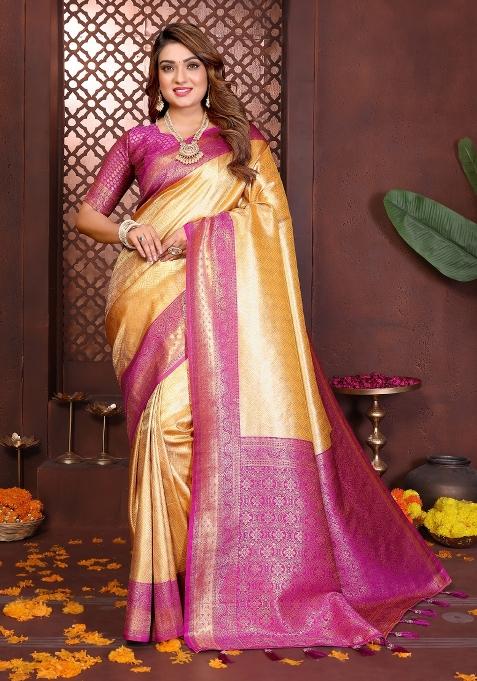Purple And Yellow Woven Work Silk Saree