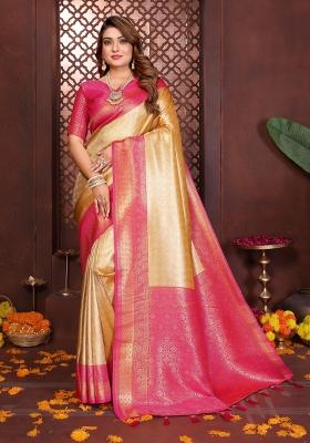Pink And Yellow Woven Work Silk Saree
