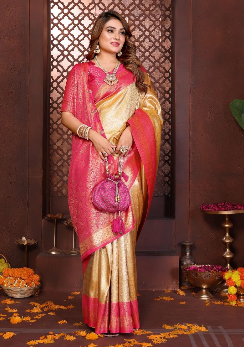 Pink And Yellow Woven Work Silk Saree - Indya