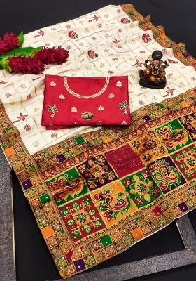 White Embroidered Silk Saree