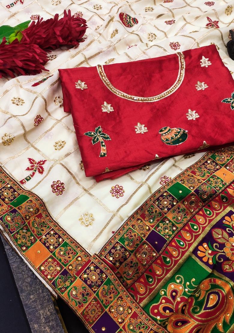 White Embroidered Silk Saree - Indya