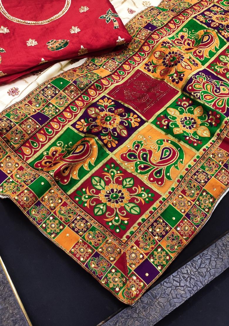 White Embroidered Silk Saree - Indya