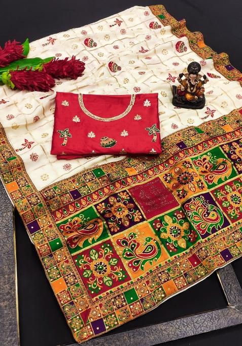 White Embroidered Silk Saree