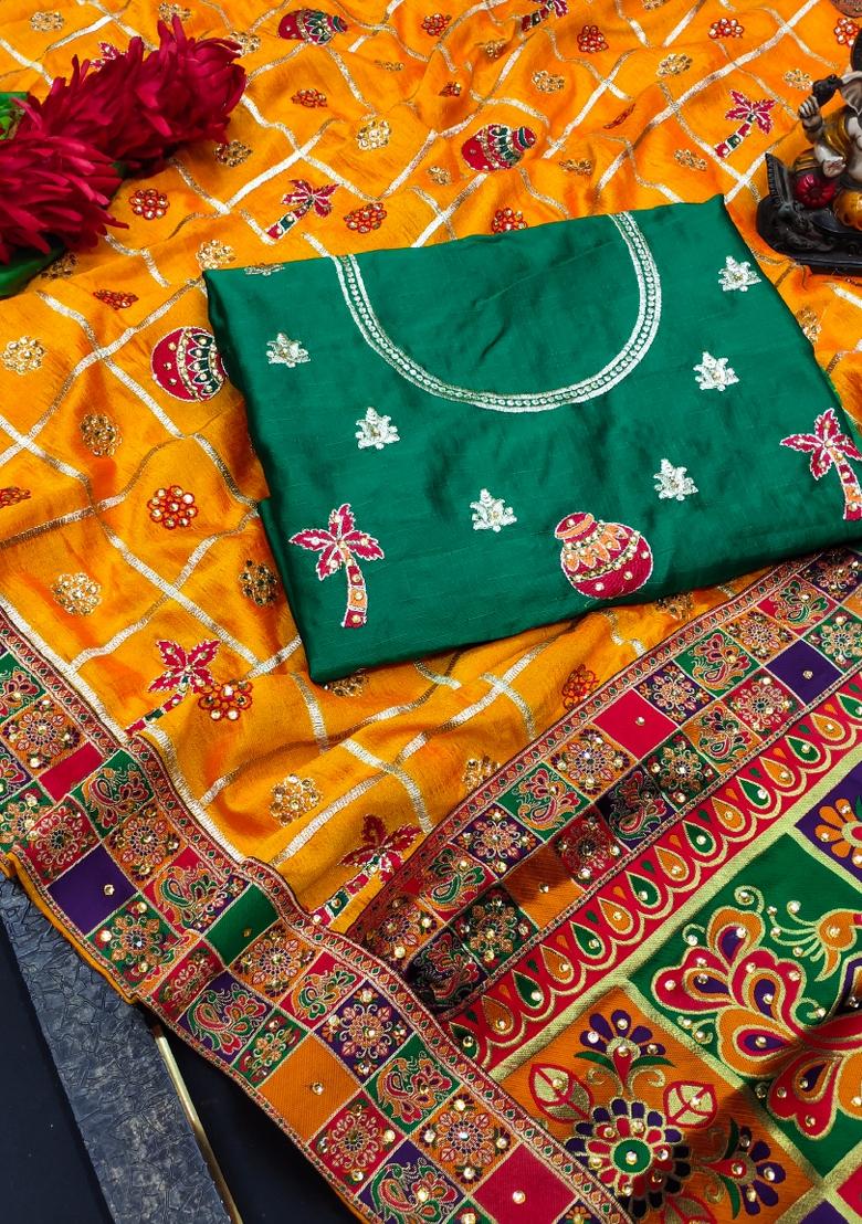 Yellow Embroidered Silk Saree - Indya