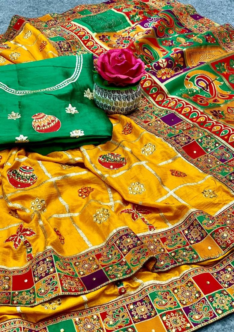 Yellow Embroidered Silk Saree - Indya