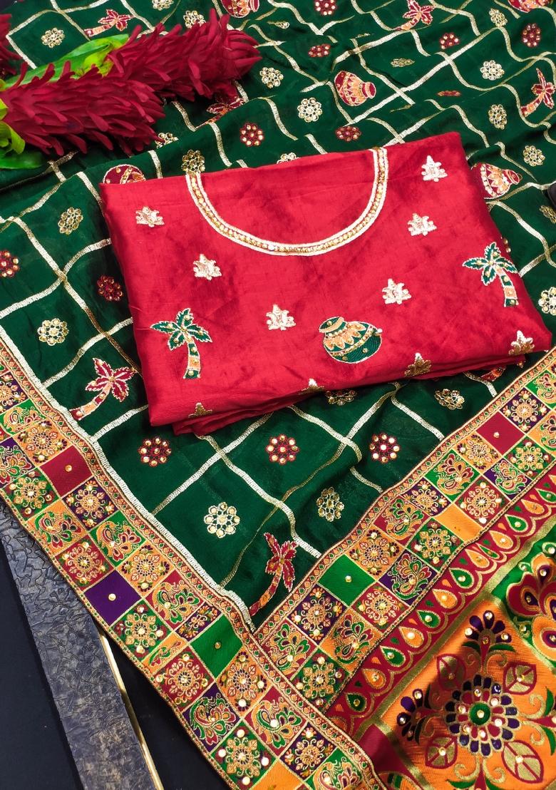 Green Embroidered Silk Saree - Indya