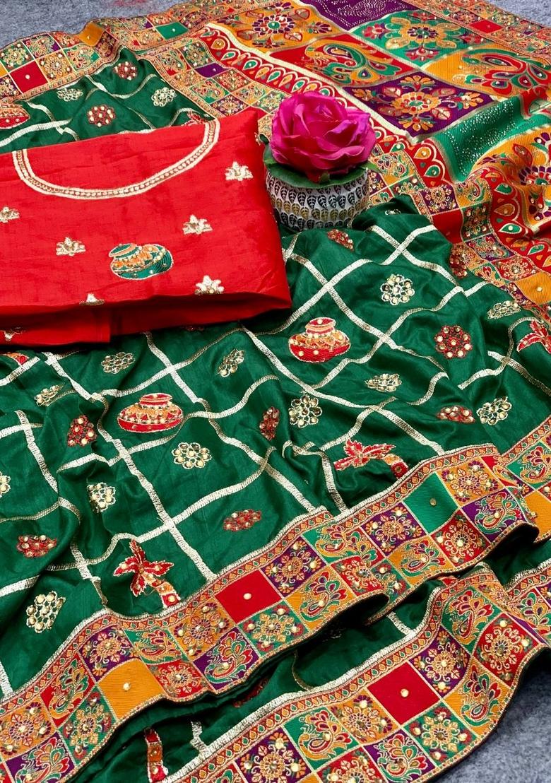 Green Embroidered Silk Saree - Indya