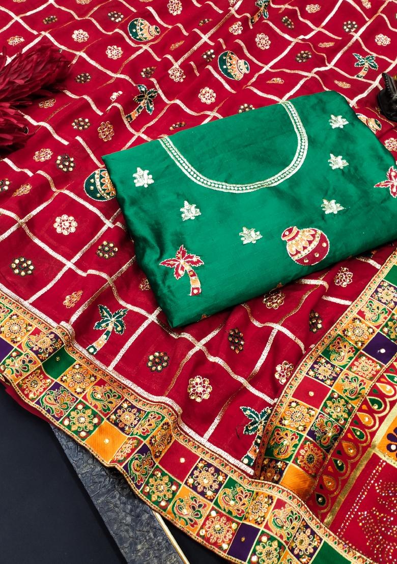 Red Embroidered Silk Saree - Indya