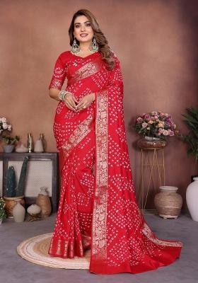 Red Self Design Silk Saree