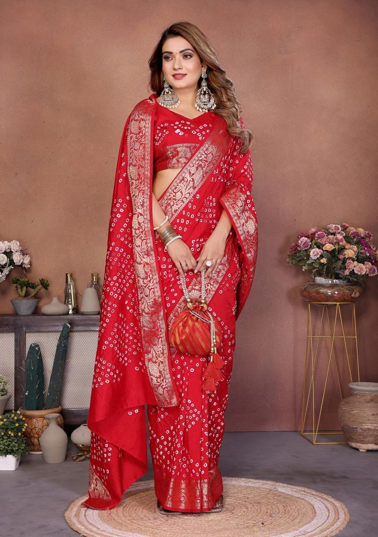 Red Self Design Silk Saree - Indya