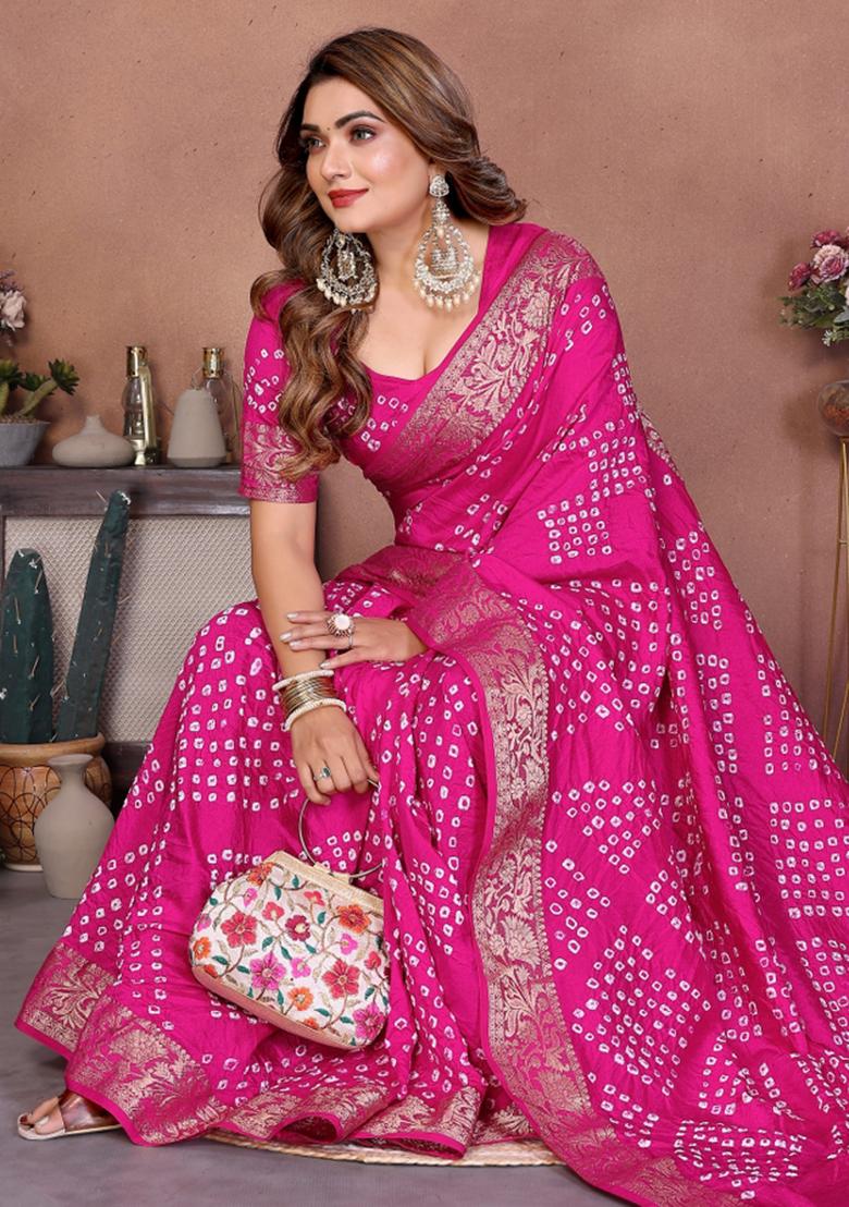 Pink Self Design Silk Saree - Indya