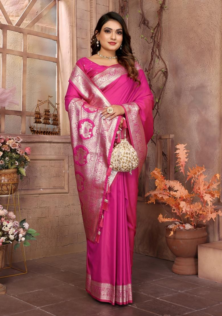 Pink Weaving Work Silk Saree - Indya
