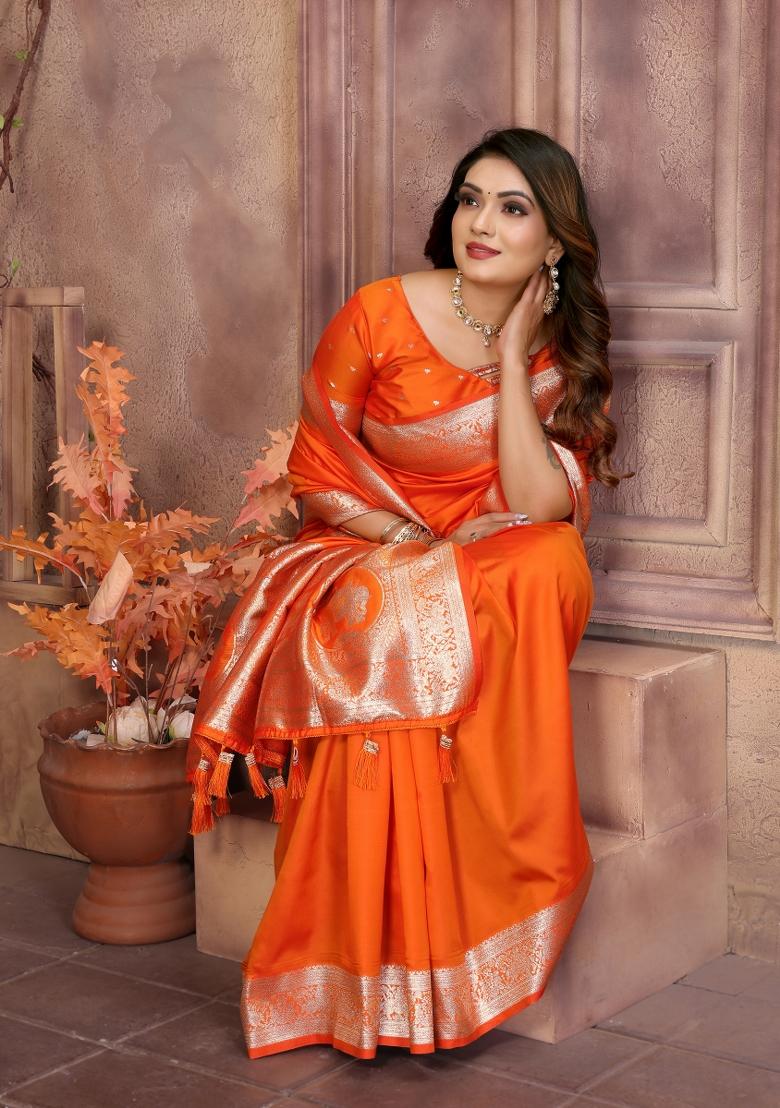 Orange Weaving Work Silk Saree - Indya