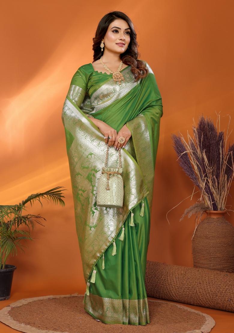 Green Weaving Work Silk Saree - Indya